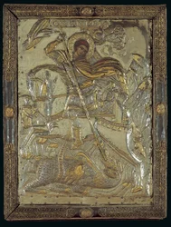 Ikona św. Jerzego zabijającego trójgłowego smoka, 1713 (srebro-złocony na drewnie)